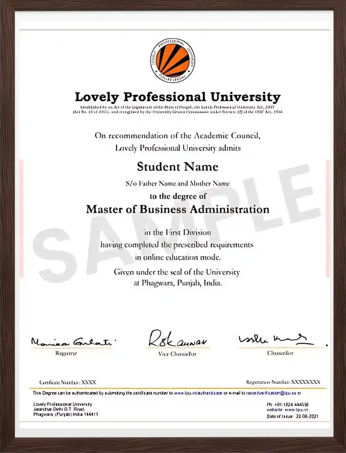 Sample Online Degree Certificate