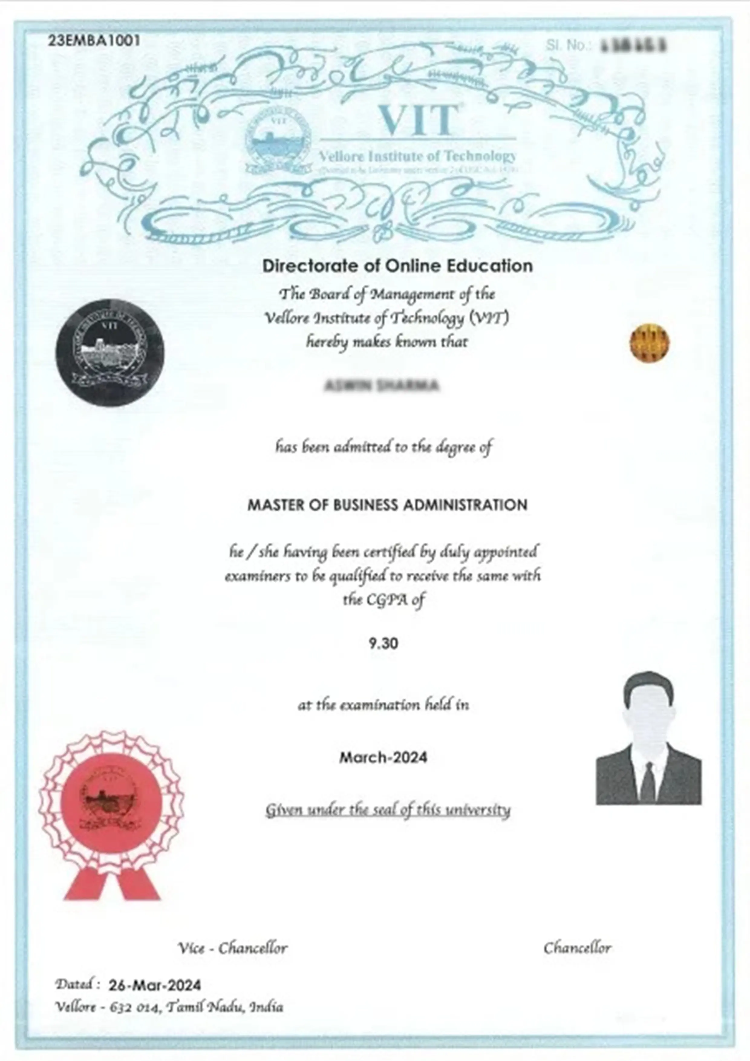 Sample Online Degree Certificate